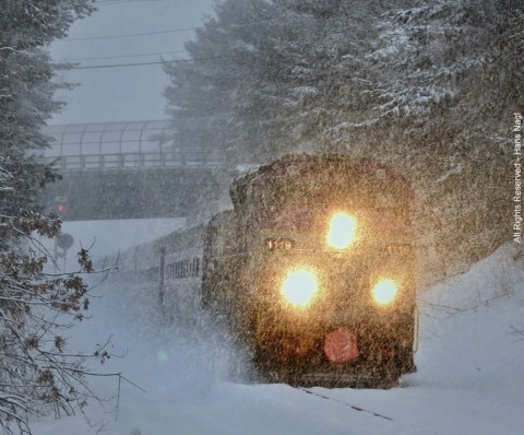 Franklin bound T Commuter Rail taking on the blizzard